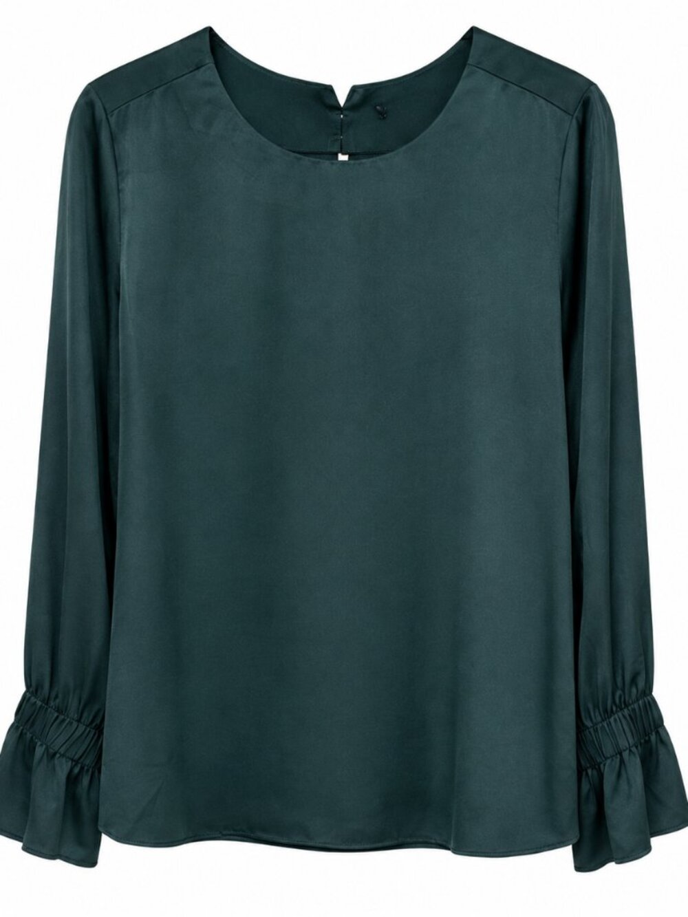 Pleione Forest Green Satin Blouse Long Sleeve Ruffle Cuff Top Size Small